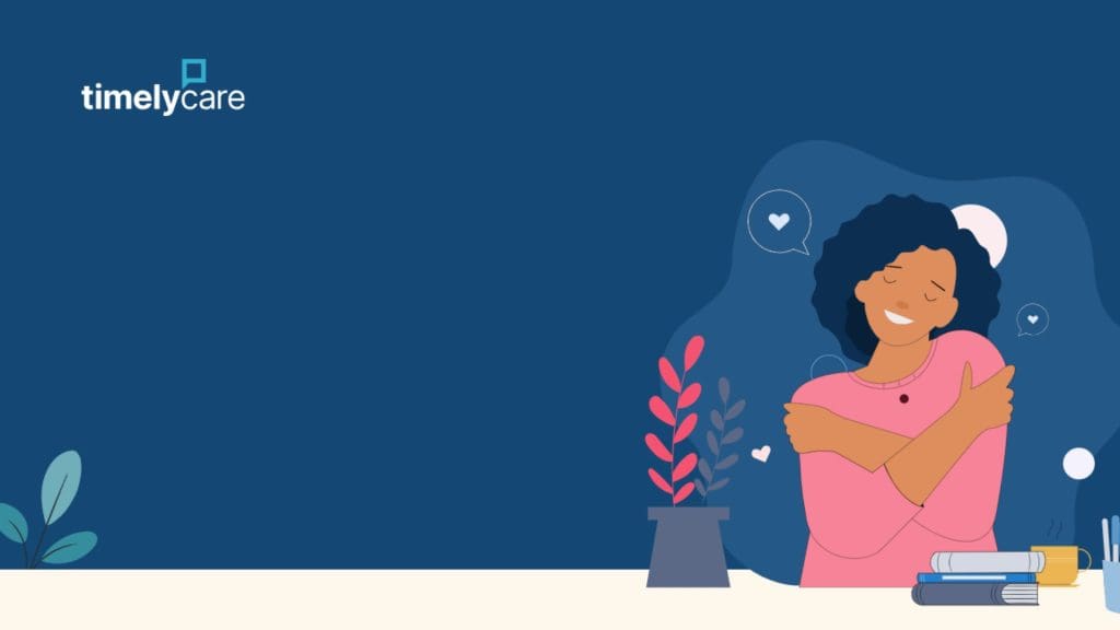 A screenshot of the TimelyCare website showing the logo and a drawing of a woman