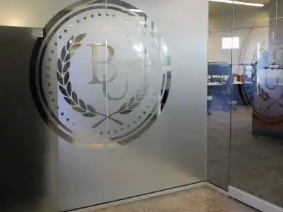 bryan university logo on glass door