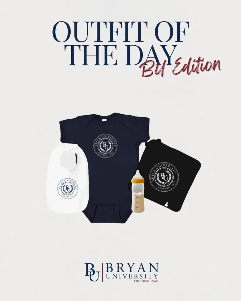 A decorative image that says "Outfit of the Day BU Edition" with a baby onesie, bib and towel 