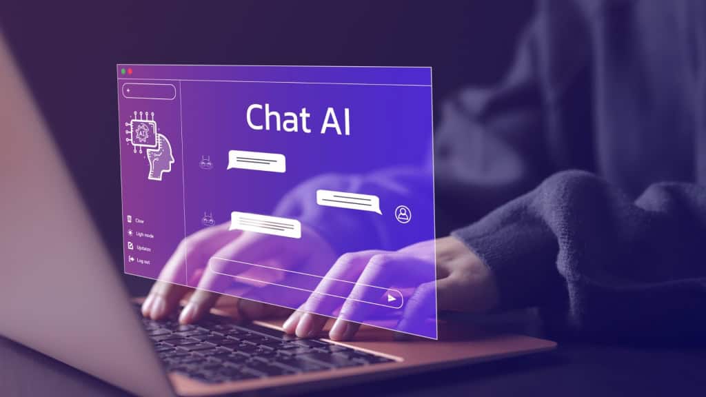 Hands typing on a laptop keyboard with a digital interface displaying "Chat AI" and chat bubbles.