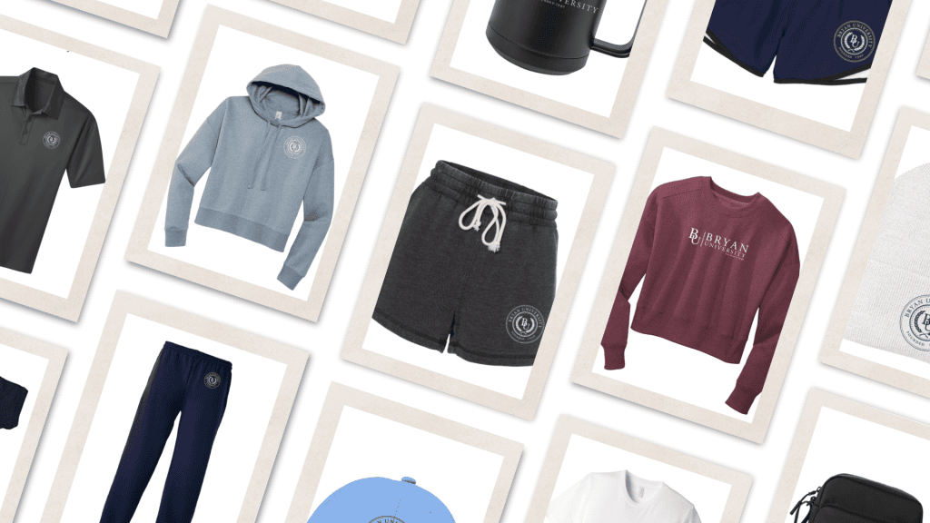 A decorative images showcasing the new Bryan University Retail Store merchandise|A decorative image that says "Outfit of the Day BU Edition" with a baby onesie