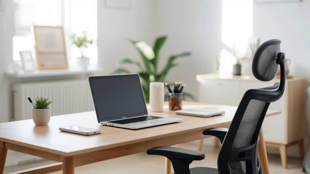 A modern home office setup with a laptop, smartphone, and a small plant on a wooden desk, with a mesh-backed chair in the foreground.