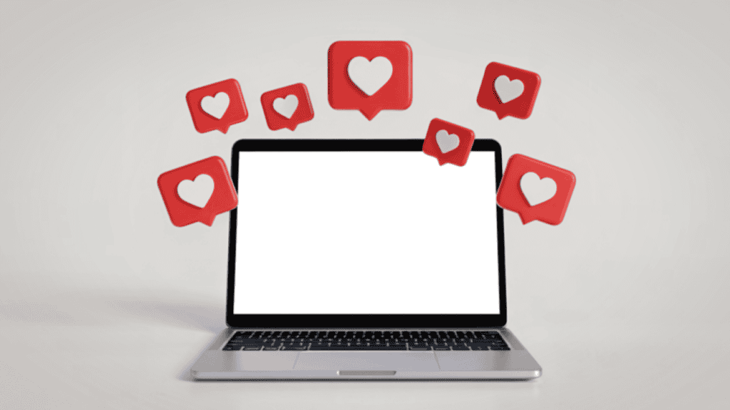 Visual of a laptop with floating social media "like" icons emphasizing online education and digital marketing.