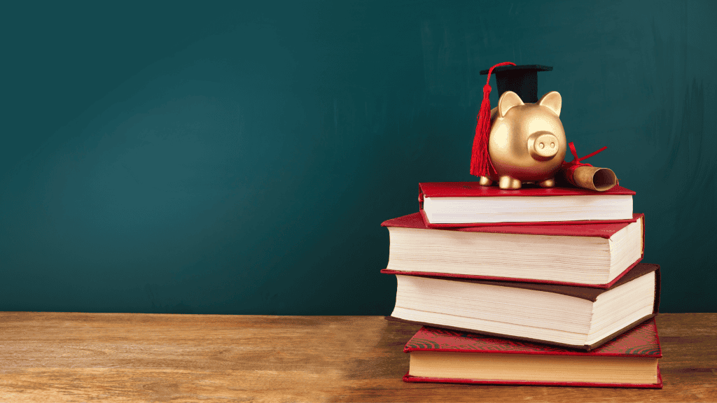 a piggy bank sitting on top of a stack of books|A smiling woman wearing glasses
