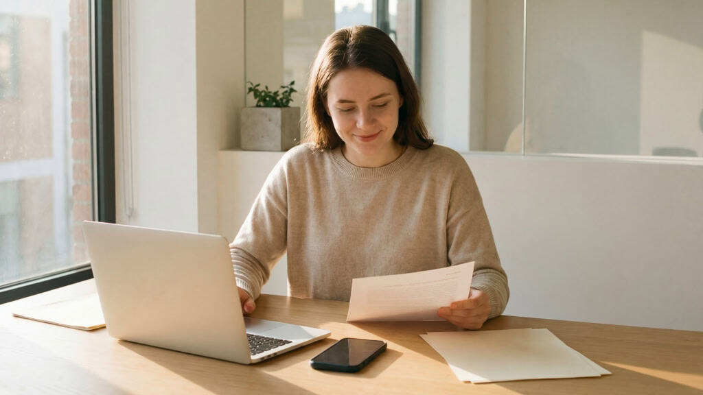 A person sits at a wooden desk with a laptop, smartphone, and papers, looking at documents in their hands.