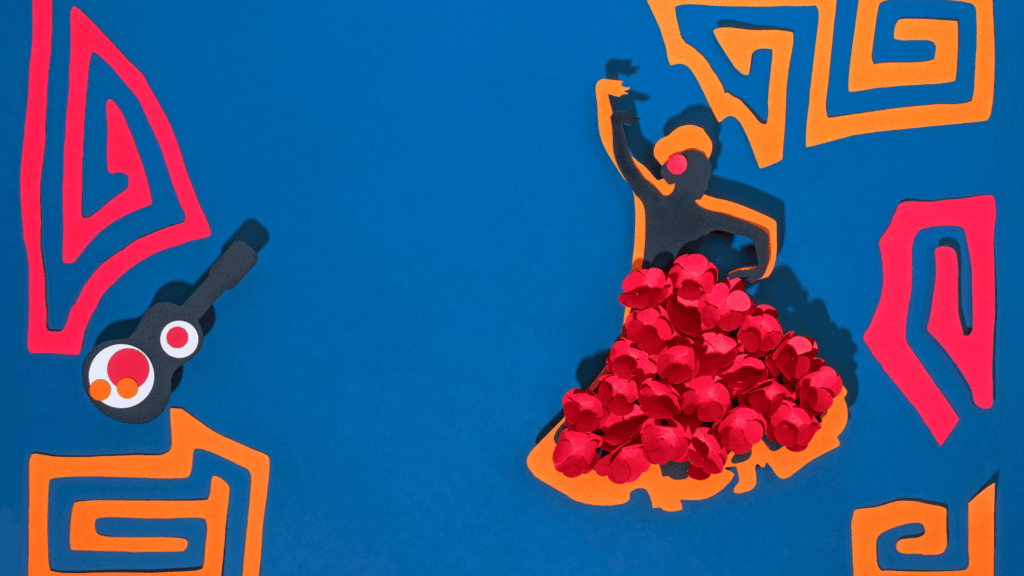 a painting of a person in a red dress dancing on a blue background