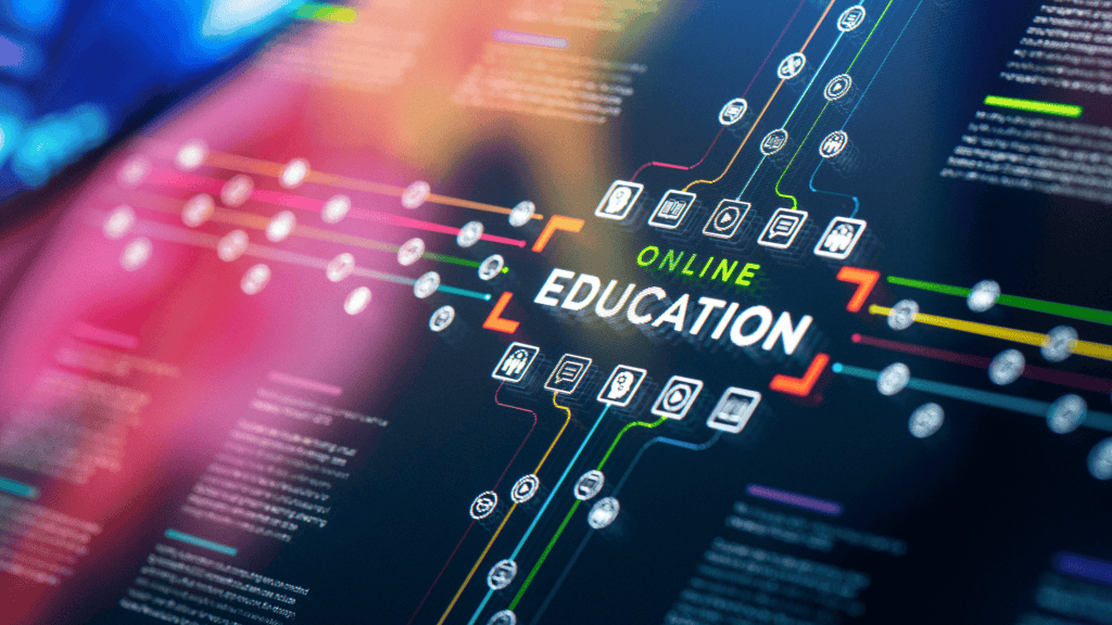 An innovative digital graphic showcasing online education with interconnected icons and colorful lines representing digital learning pathways and technology-based learning experiences.