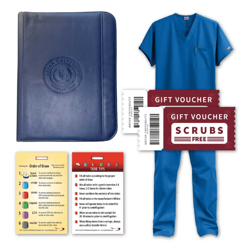 Phlebotomy kit with scrubs, vouchers, and instructional cards.