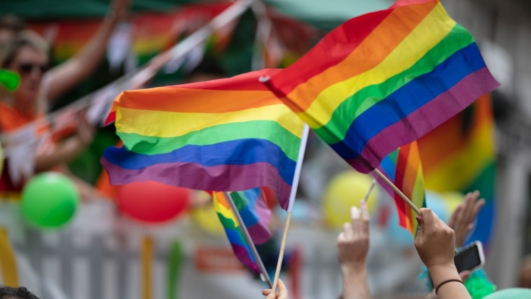 Rainbow flags waved at a pride event