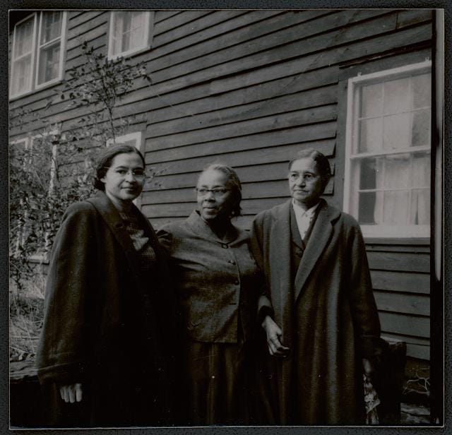 Black and white portrait of Rosa Parks, Septima Clark, and Leona McCauley