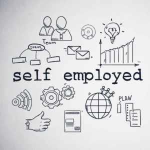 Illustration with the words self employed surround by various icons representing forms of employment