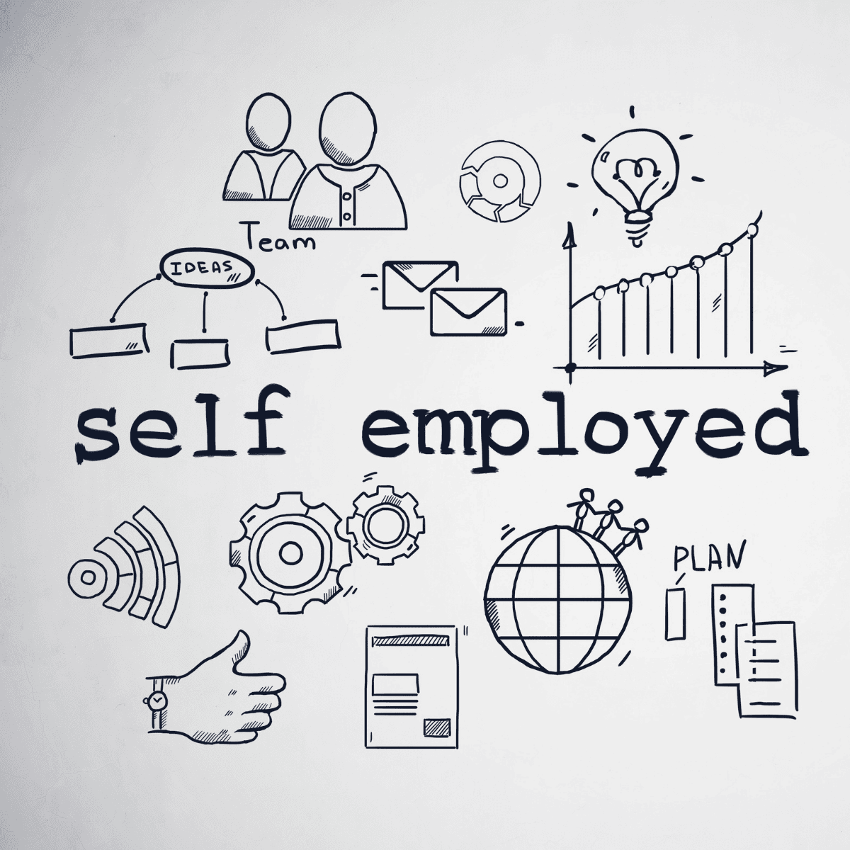 Illustration with the words self employed surround by various icons representing forms of employment